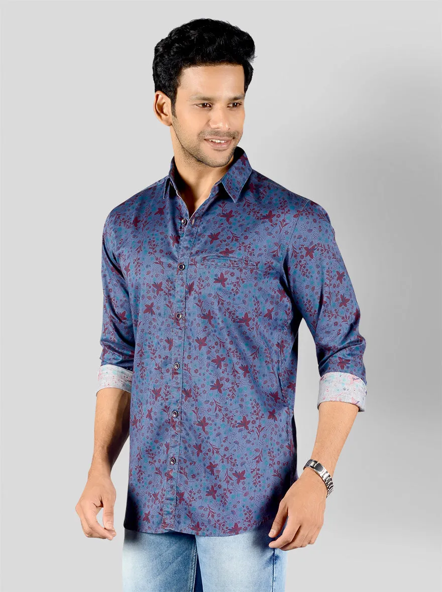 Teal Blue Printed Slim Fit Casual Shirt | JadeBlue