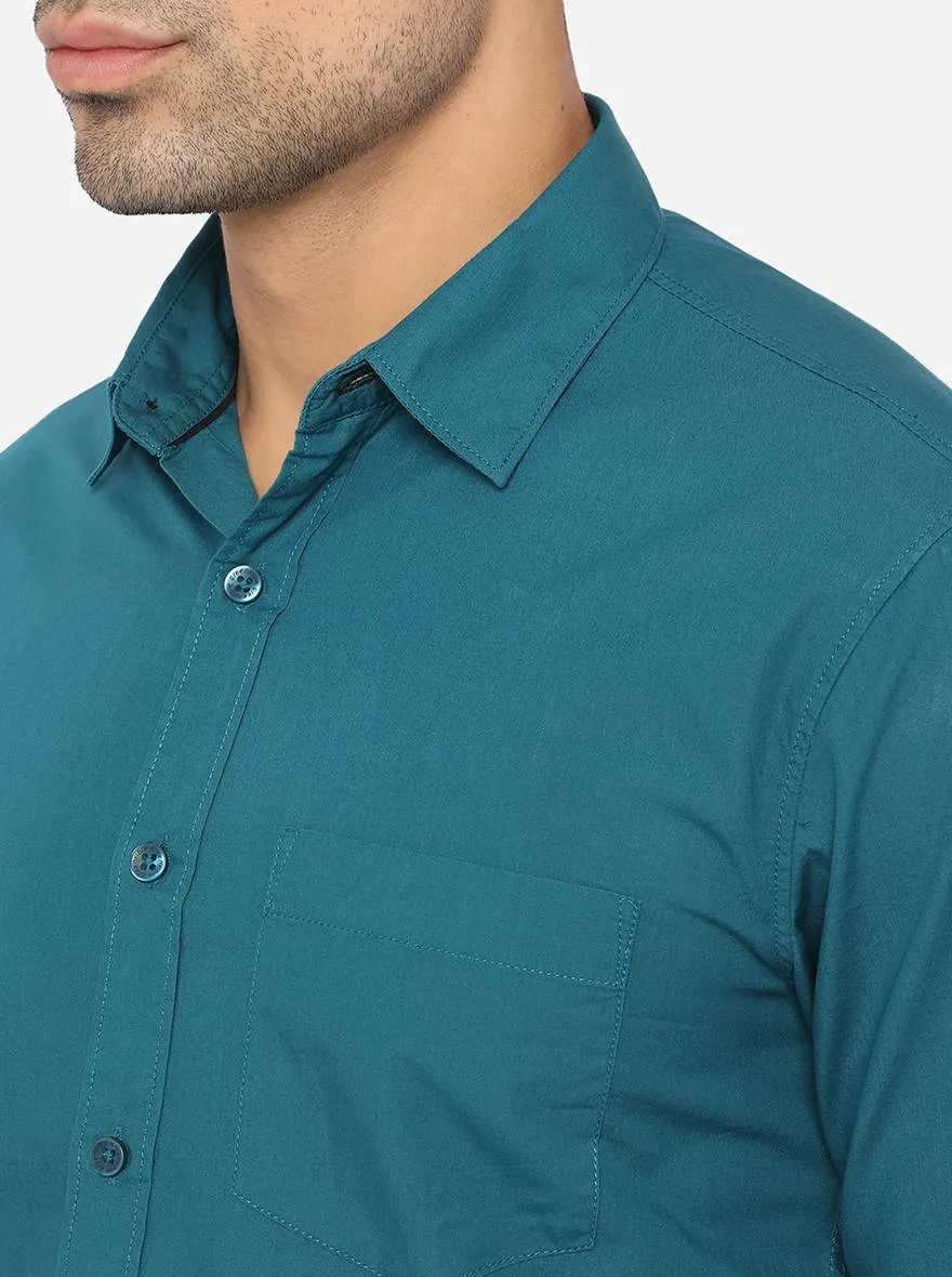 Teal Blue Solid Slim Fit Semi Casual Shirt | Greenfibre