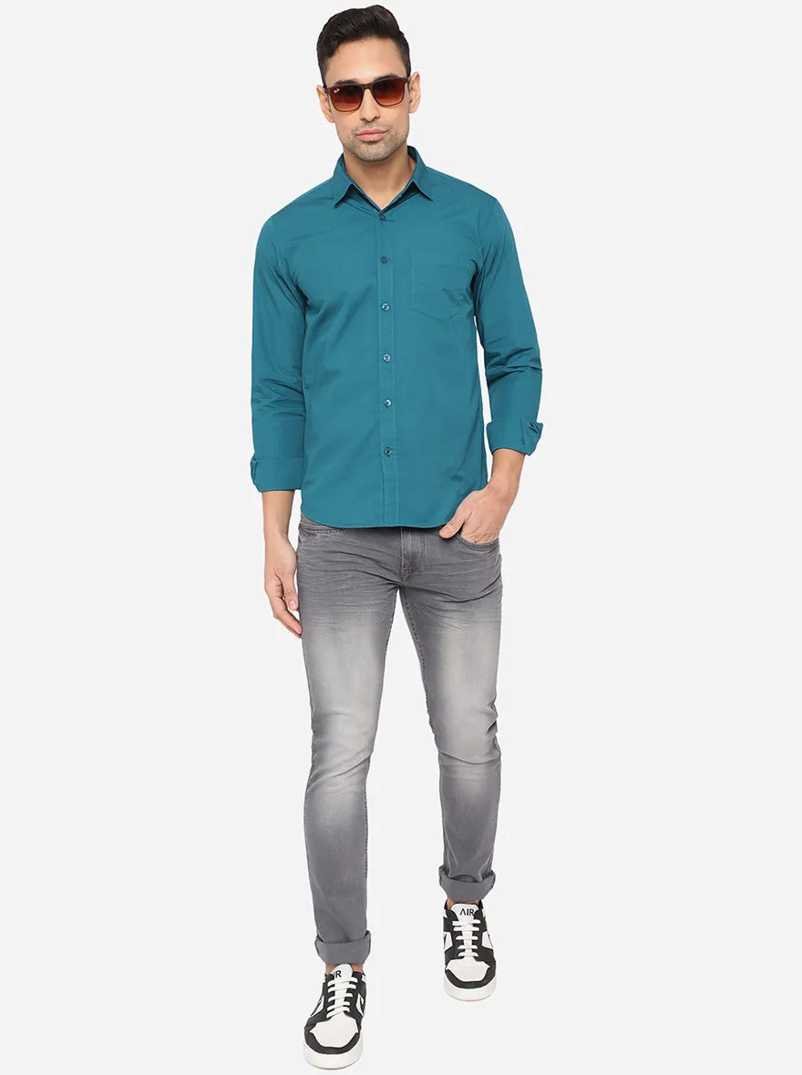 Teal Blue Solid Slim Fit Semi Casual Shirt | Greenfibre