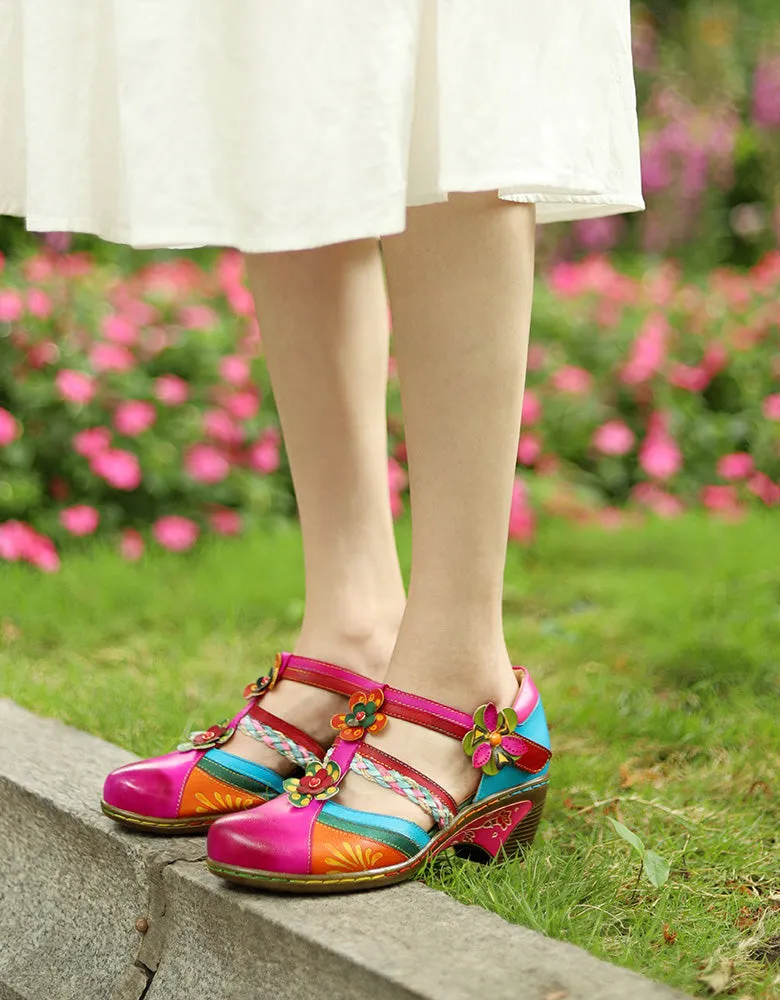 Vintage Flower Cutout Chunky Mary Jane Sandals