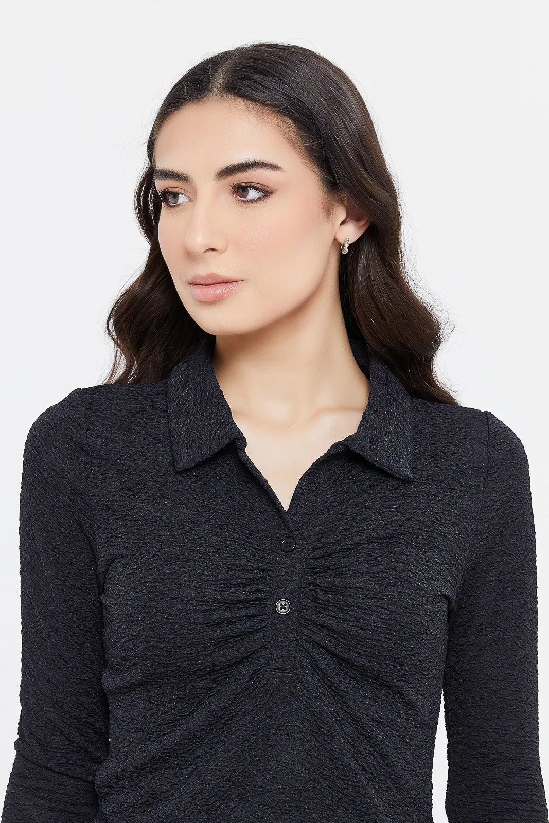 Women Black Jacquard Detailed Collared Top