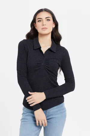 Women Black Jacquard Detailed Collared Top