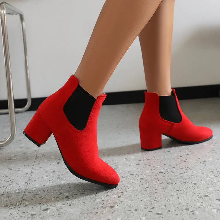 Women's Booties Bicolor Flock Pointed Toe Stretch Block Heel Ankle Boots