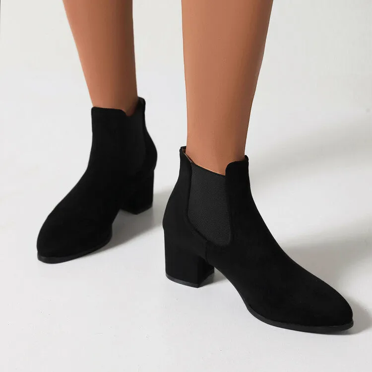 Women's Booties Bicolor Flock Pointed Toe Stretch Block Heel Ankle Boots