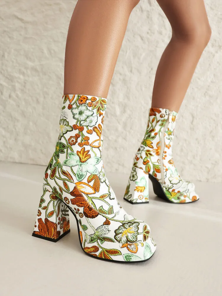 Women's Booties Flowers Prints Block Chunky Heel Platform Ankle Boots