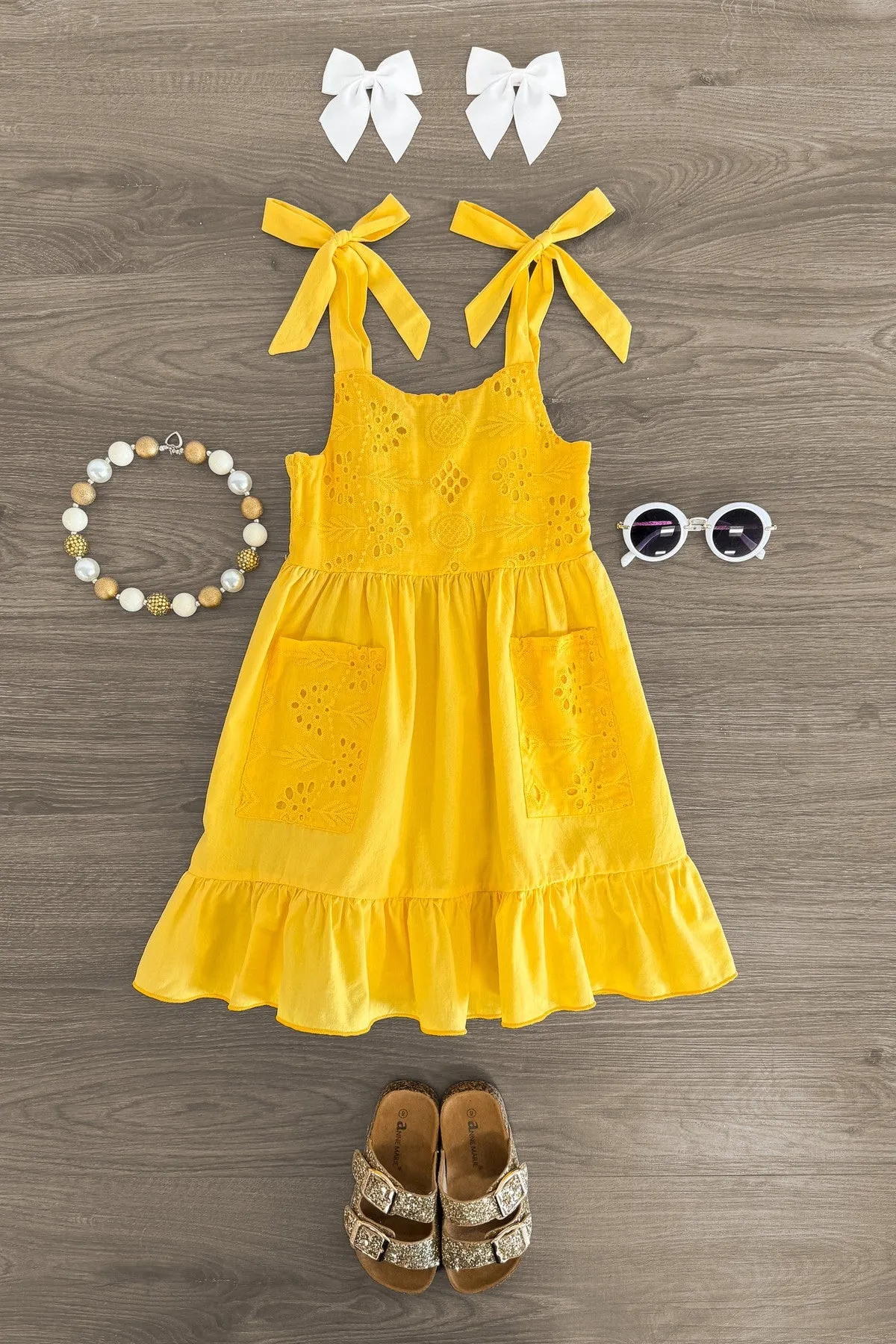 Yellow Eyelet Tie Shoulder Dress