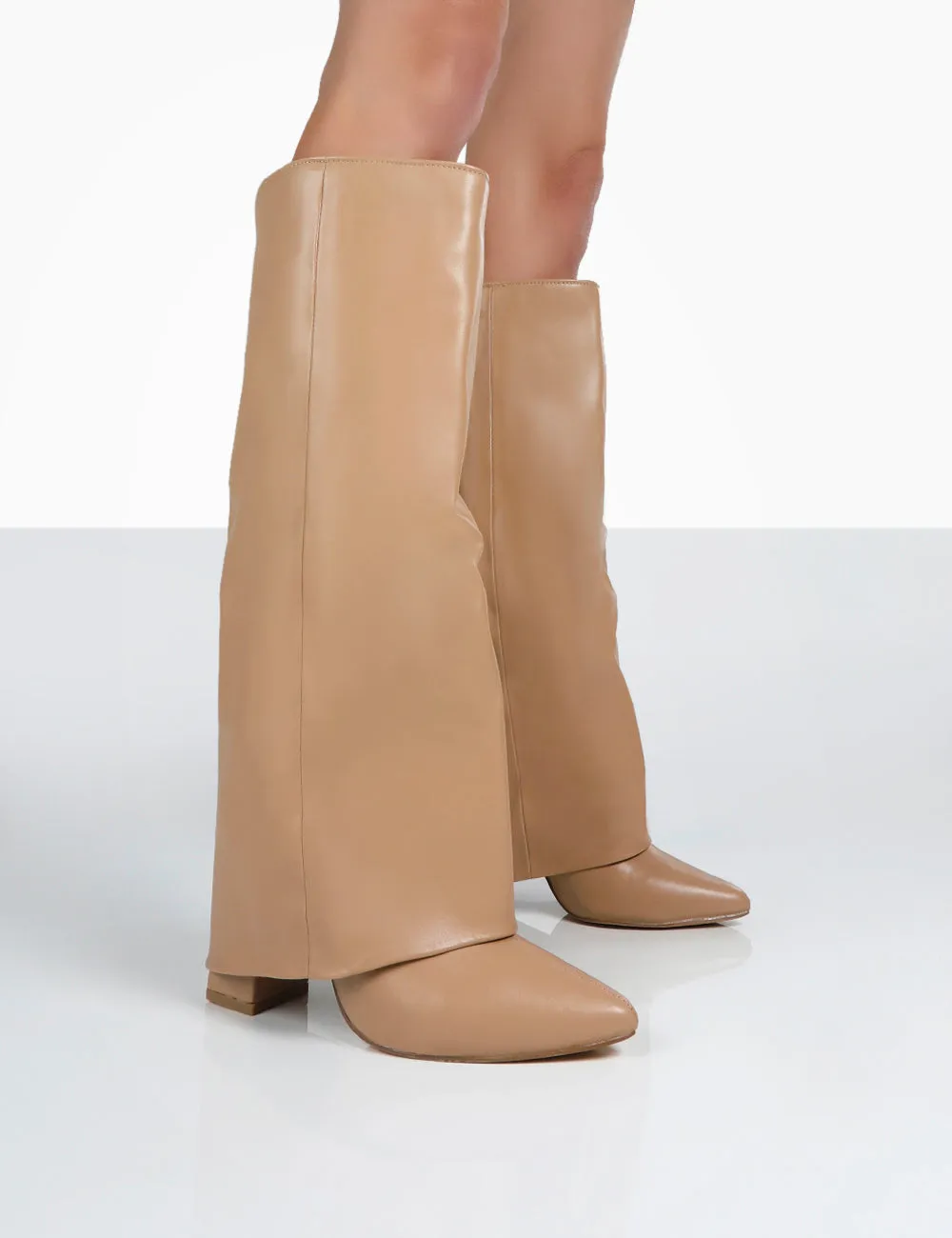 Zendaya Nude Pointed Toe Knee High Block Boots