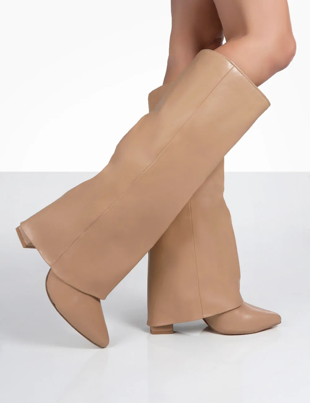 Zendaya Nude Pointed Toe Knee High Block Boots